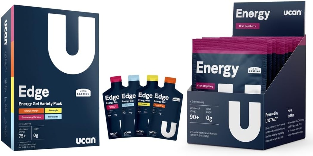 UCAN Training Starter Pack, Edge Energy Gel Variety Pack, Energy Powder Cran-Raz, Pre &amp; Post Workout para Hombres y Mujeres que viven Vegan y Keto Friendly