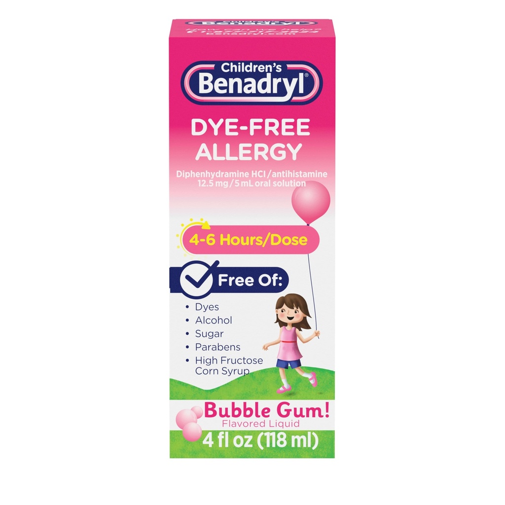 Alivio de alergia libre de ojos para niños Liquid + 12,5 mg Diphenhydramine HCl, Medicina de alergia antihistamínica para niños ayuda a aliviar la nariz de rubí " estornudos, burbuja Gum Flavor, 4 fl. oz