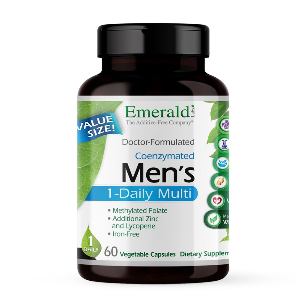 EMERALD LABS Men's 1 Daily Multi - Additive-Free Men's Multivitamin - Incluye Lycopene, Zinc, Vitamina D3, &amp; Más - Supports Bones, Prostate & Vision* - 60 cápsulas vegetales