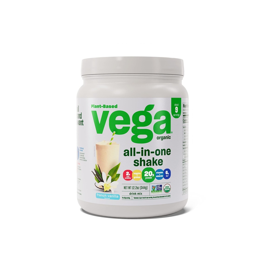 Vega Orgánica All-in-One Vegan Protein Powder, Vainilla Francesa -Superfood Ingredients, Vitaminas para Apoyo Inmunitario, Keto Friendly, Pea Protein for Women &amp; Men, 12.2 oz (Packaging May Vary)