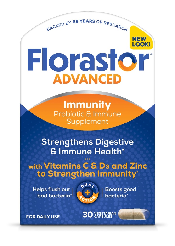 Florastor Advanced Immunity Boost Daily Probiotic & Immune Support Supplement for Women and Men, Saccharomyces Boulardii CNCM I-745 Plus Zinc, Vitamin C & D3 (30 Capsules)