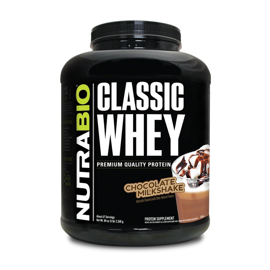 NutraBio Classic Whey Protein Powder- Full-Spectrum Amino Acid Profile - No Fillers, Colores artificiales, conservadores - Indice bajo de glicemia - Chocolate Milkshake, 5 libras