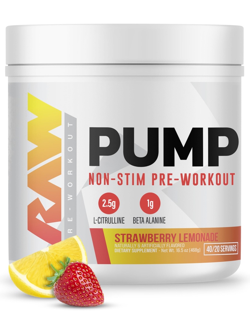 Bomba RAW Stim Free Pre Workout (Strawberry Lemonade) - Non-Stimulant Pre Workout Suplemento Powder Nitric Oxide Booster - Pre Workout Suplementos Bebida para Durante el entrenamiento - 40 Servimientos