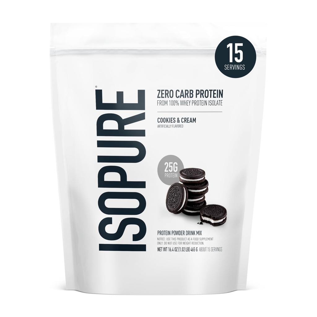 Isopure Zero Carb 100% Pure Whey Isolate Protein Powder, Lactose Free, Gluten Free, With Vitamins, Cookies & Cream, 25g Protein Por Serving, 1 Lb, 15 Servings (Packaging May Vary)