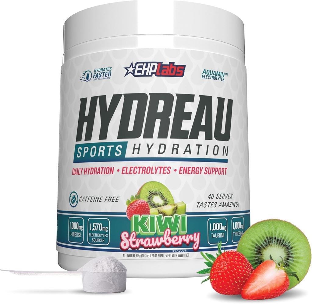 EHP Labs Hydreau Electrolytes Powder No Sugar - Hidration Powder for Endurance & Energy - Electrolyte Powder for Men &amp; Women - Sugar Free Electrolytes - Kiwi Strawberry (40 Serves)