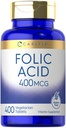 Carlyle Folic Acid 400 mcg TEN 400 Tablets TEN VÍgetarian, Non-GMO, Gluten Free Supplement