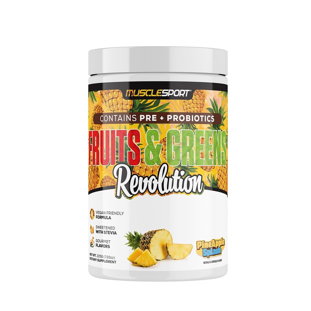 Musclesport Fruits & Greens - Fruit, Vegetable and Antioxidant Supplement, including Wheat Grass and Spirulina, Añadido Fiber and Probiotics - 30 Servings (Pineapple Splash)