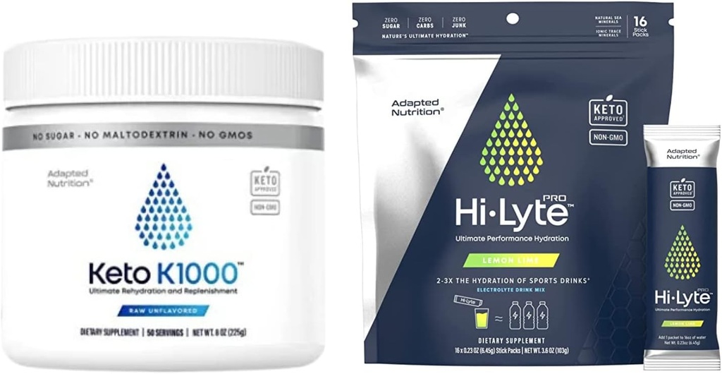 Hi-Lyte Keto K1000 Electrolyte Powder Ø Hydration Suplemento Bebida Mix ¦ Raw Mineral Flavor, No Stevia ← 50 Servings ¦ Plus Pro Hydration Packets, 16 Individual Drink Packets latitud Lemon Lime