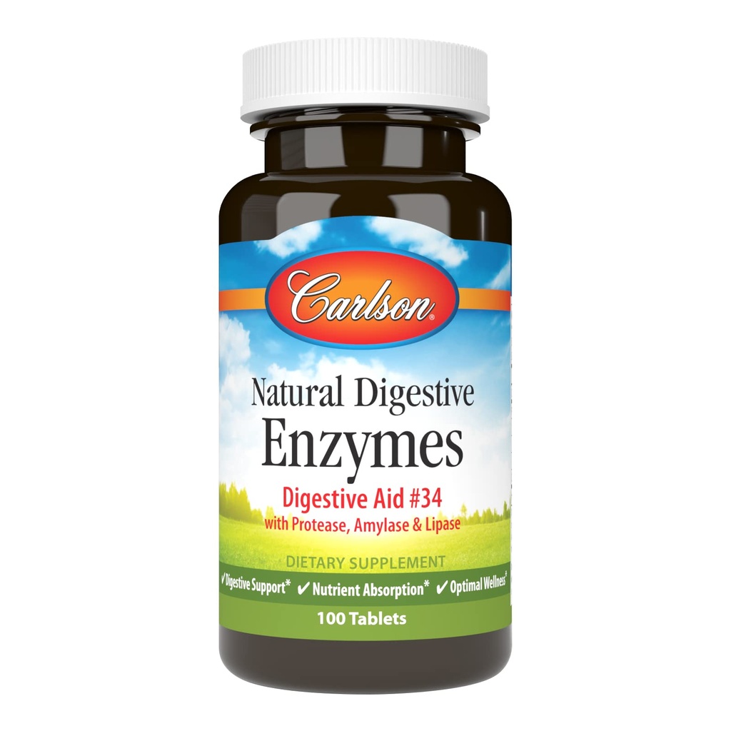 Carlson - Natural Digestive Enzymes, Digestive Aid #34 con Protease, Amylase & Lipase, Digestive Support, Nutrient Absorption & Optimal Wellness, 100 Tablets