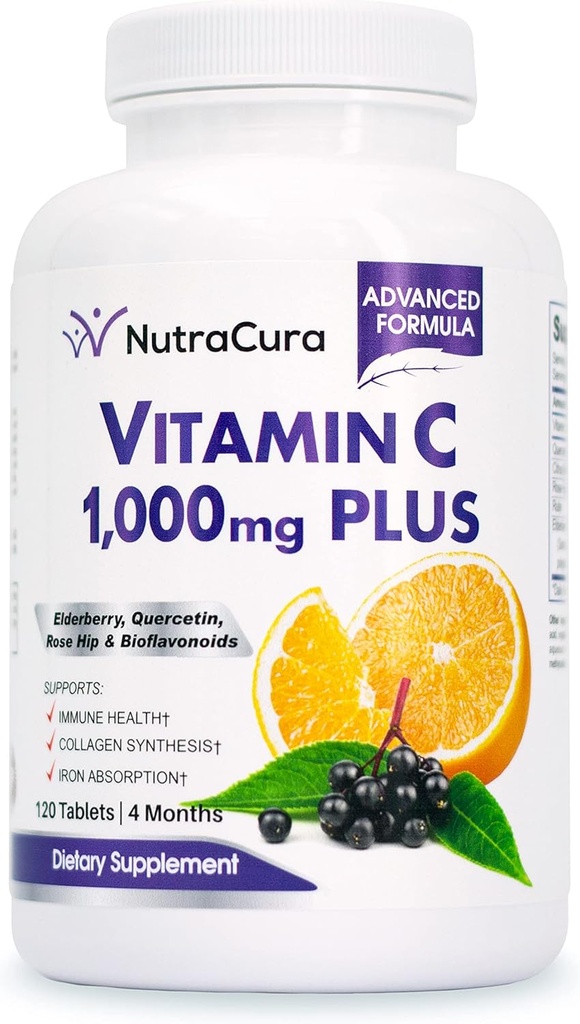 Inmunity Vitamina C 1000mg con Elderberry, Quercetin, Bioflavonoids, Rose Hips, Rutin - Suministro de 4 Meses, 120 Tabletas - Apoyo al Sistema Inmunitario
