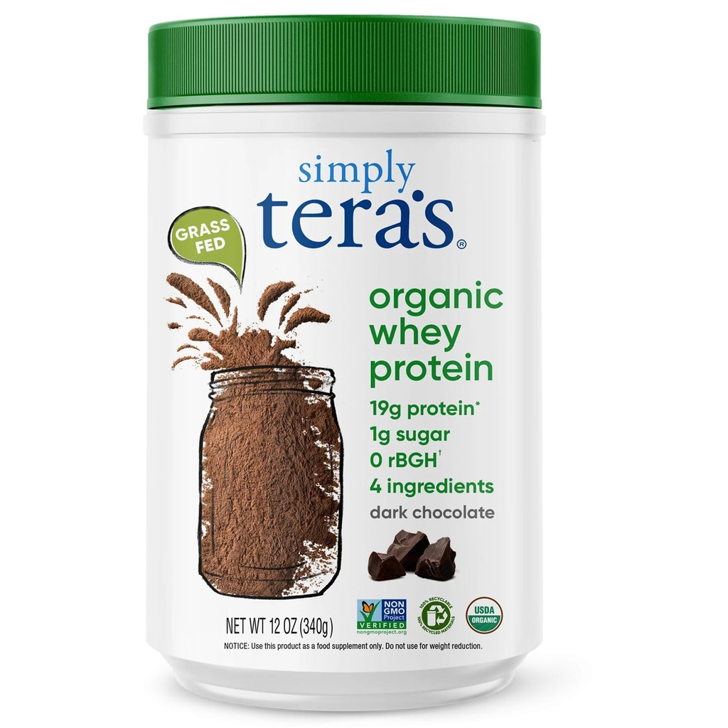 Powder de proteína orgánica de tera - Grass Fed Whey Protein Powder sin dulces artificiales, limpio, no GMO, sin gluten - Chocolate oscuro, 12 Oz