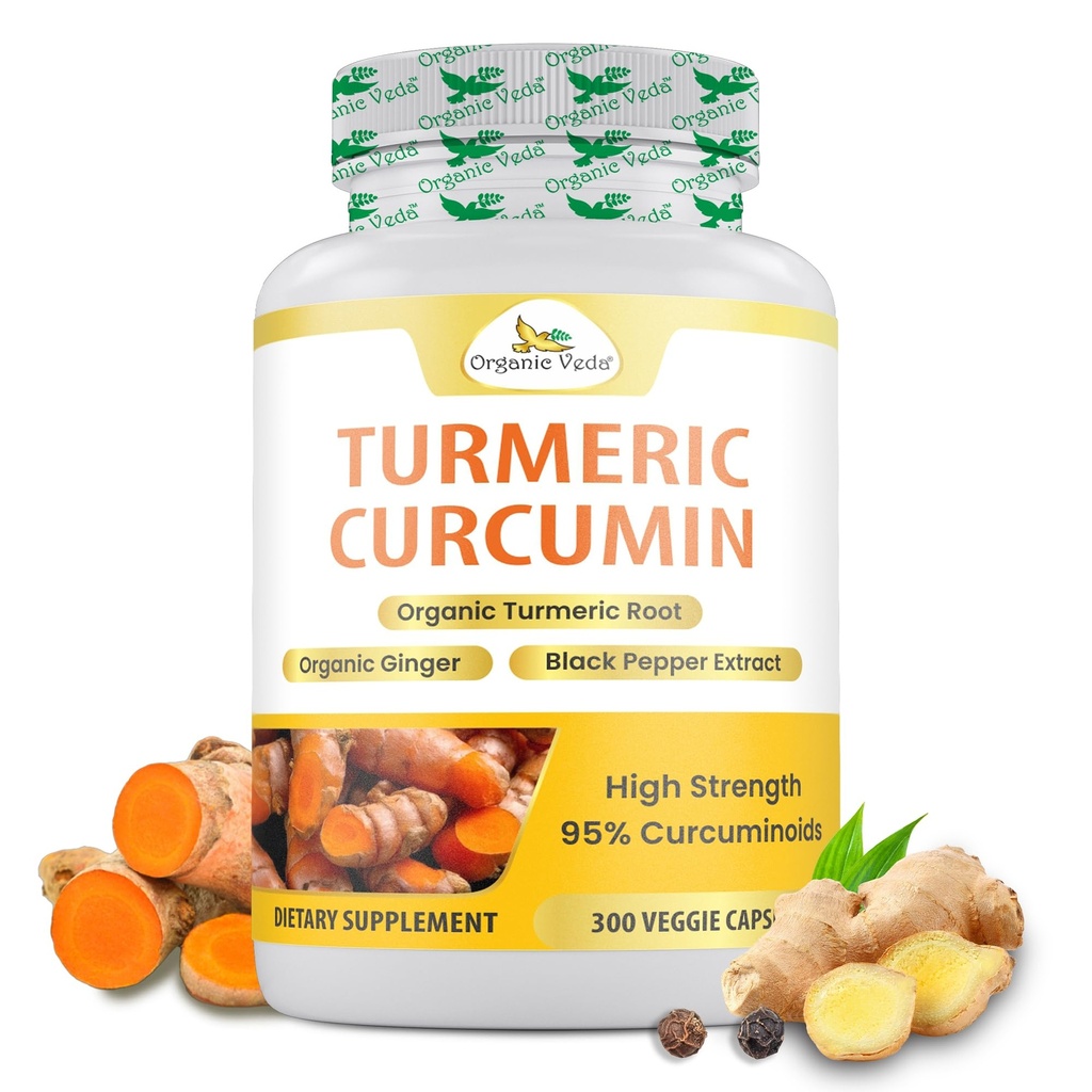 Orgánica Veda Turmeric y Ginger Capsules 300 Pills - Orgánica Curcumina Turmérica con Pepper Negro para Soporte Conjunto - No GMO, Gluten Libre, Turmérico y Ginger Suplemento (95% curcuminoides)