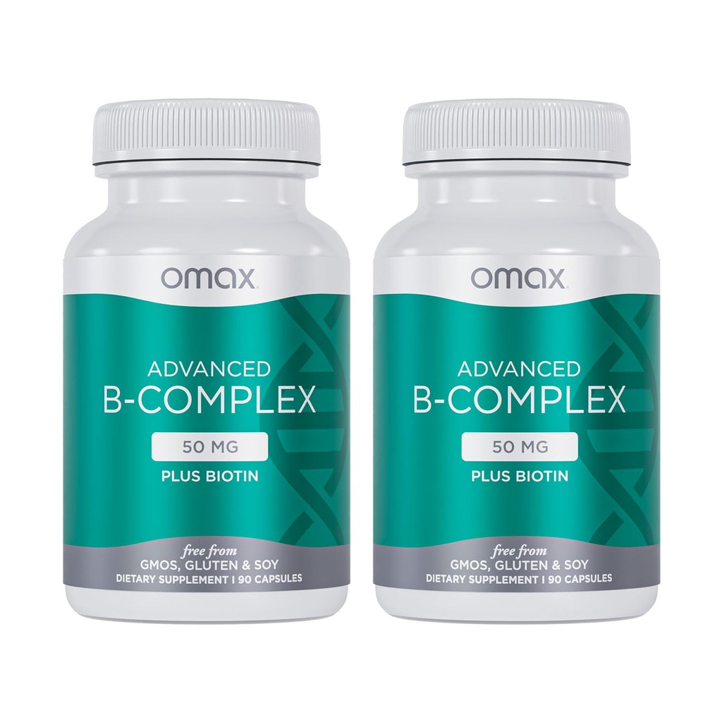 Omax3 2 Botellas - Complejo avanzado de vitamina B 50MG con Biotina  sometida Fuerte " Pelo brillante, uñas de piel, estrés de apoyo, inmunidad, metabolismo energético, 90 cápsulas/per Botella