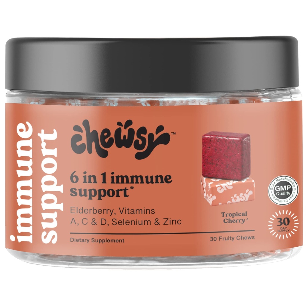 Chewsy 6-in-1 Immune Support Supplement Fruity Chews with Elderberry, Vitamina C, A &amp; D, Zinc &amp; Selenium - 30-Day Supply, Individualmente Wrapped Immunity Vitamins Chews for Adults and Kids (1)