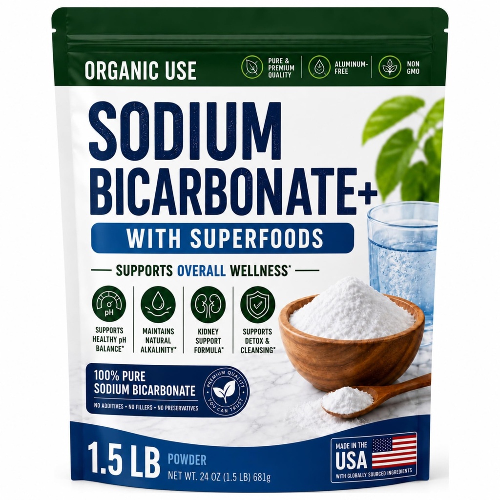 Uso orgánico Sodium Bicarbonato Alkaline Suplemento para Alkalinidad. Apoyo Kidney & Stomach Acid Neutralizer w/Alkaline Superfoods. Sodium Bicarbonato Powder Kidney Apoyo Antacid Sport 1.5LB