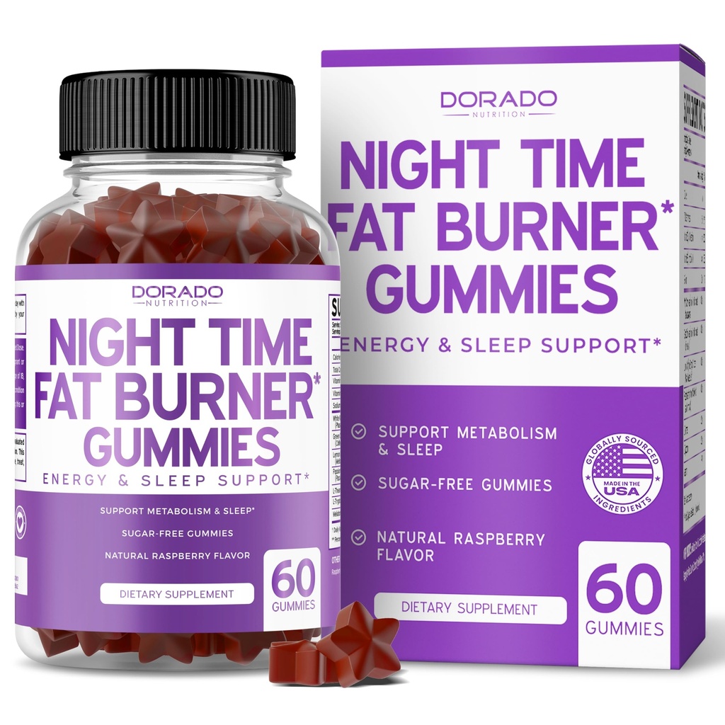 Hora de la noche Fat Burner Gummies (60 Conde) Weight Loss & Metabolism - Libre de azúcar - Delicious Raspberry Flavored Melatonin Suplemento Gummies - Vegan Safe - Tercer Partido Tested - Made in USA