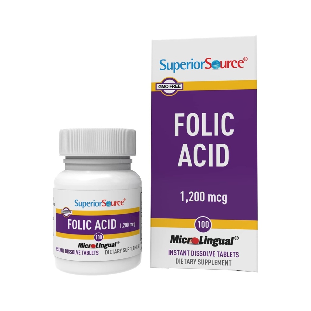 Ácido Fólico de Fuente Superior 1200 mcg - Soporta Corazón, Sistema Immune & Nervous - 100 Tabletas Sublinguales