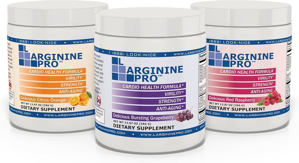 L-ARGININE PRO Ø 5.500mg L-Arginine Plus L-Citrulline 1.100mg Raspberry, Orange & Grape Powder Drink Mix Suplemento para aumentar la producción de óxido nítrico