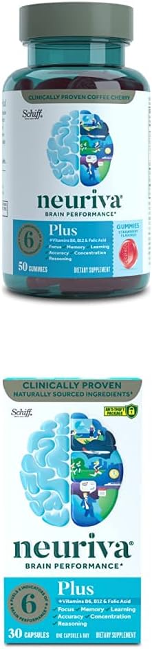 NEURIVA Suplemento Nootropic Brain Support - Más Gummies de fresa (50 Cuenta en una botella) con Suplemento Nootropic Brain Support - Plus Capsules (30 Cuenta en una caja)