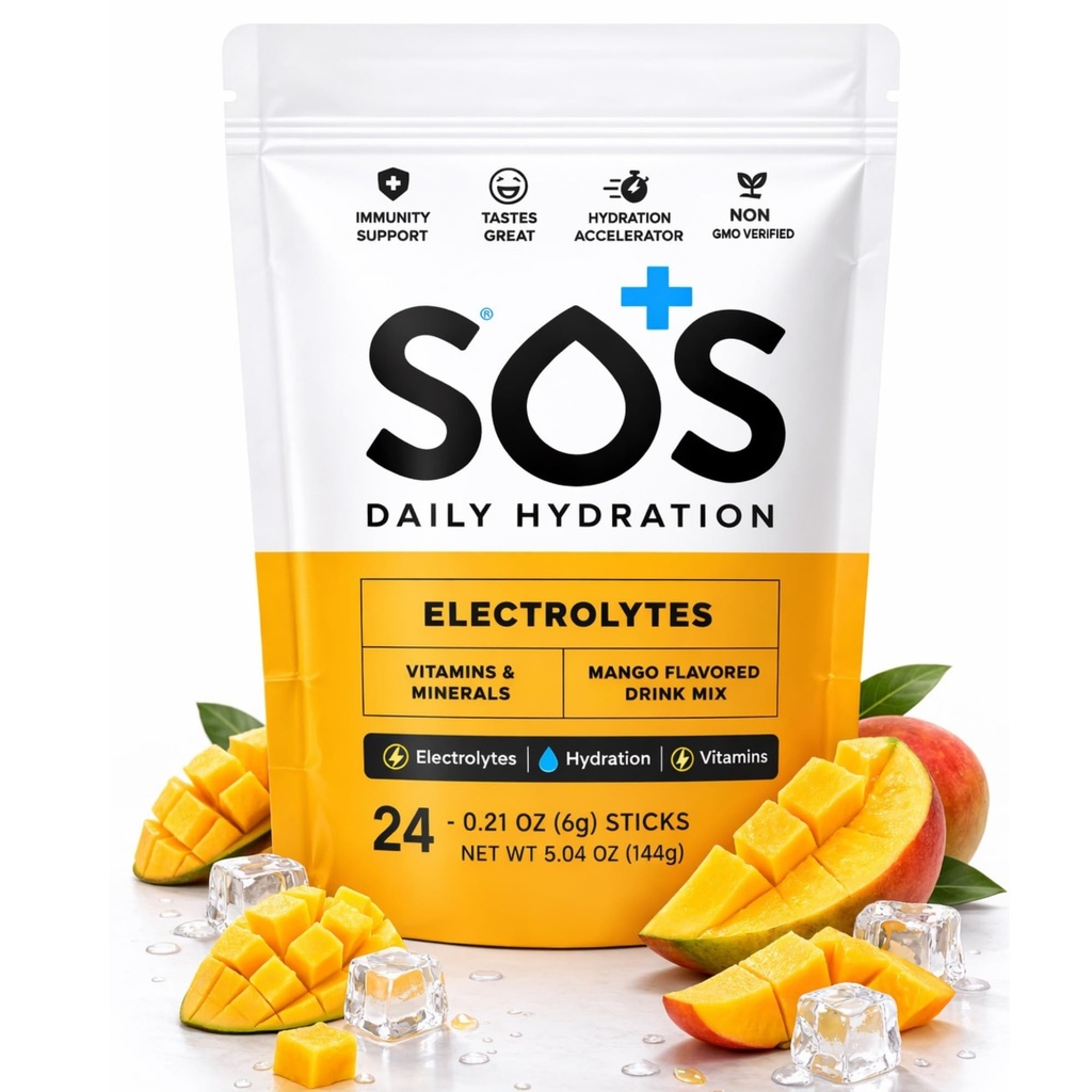 SOS Hydration Electrolyte Powder Drink Mix ← 24 Servings ← Vitaminas Esenciales Bajo Sugar Keto-Friendly ← Mango