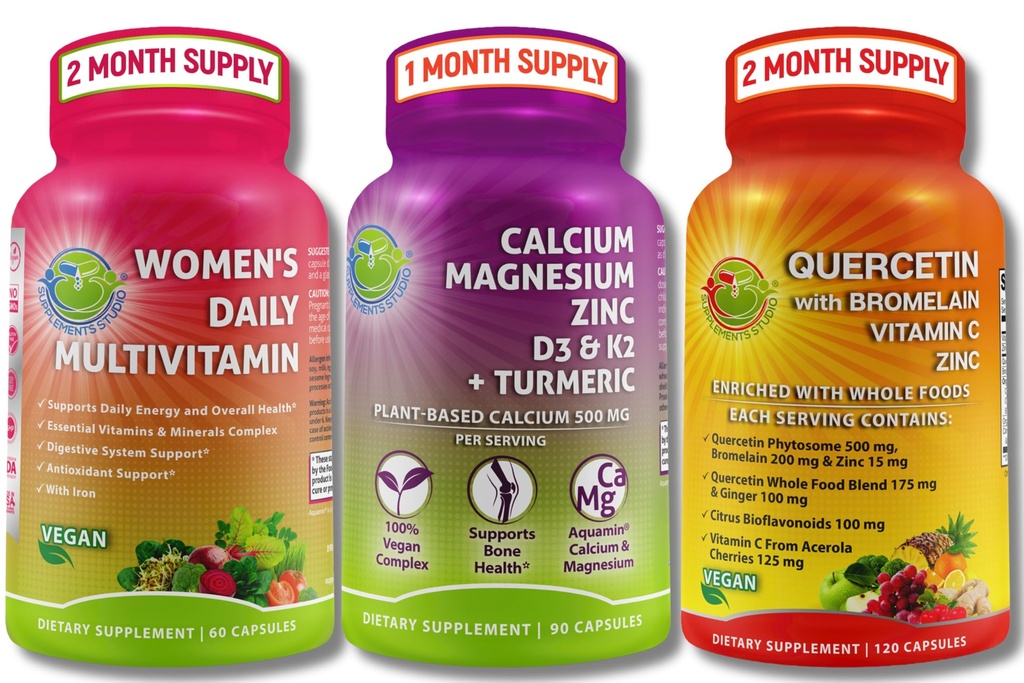 Plant-Based Immune, Bone & Energy Support Bundle – Quercetin with Bromelain, Vitamin C & Zinc + Calcium Magnesium with D3, K2 & Turmeric + Women’s Multivitamin with Iron & Organic Superfoods