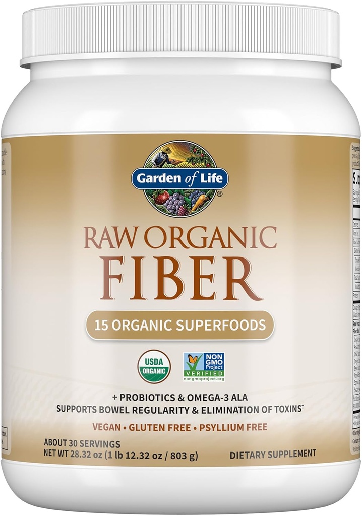 Jardín de la vida Polvo de fibra orgánica cruda, 30 Servimientos, 15 Superalimentos orgánicos, Probióticos, Omega-3 ALA, 4g Fibra soluble, 5g Insoluble para regularidad, Psyllium Husk Gratis