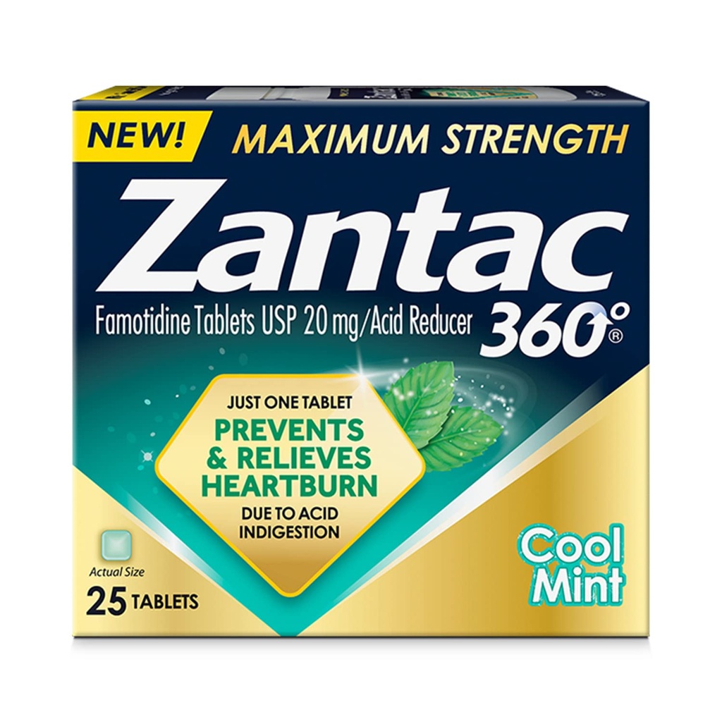 Zantac 360 maximum Strength, Cool Mint, 25 Conde, Heartburn Prevention & Relief, 20mg Tablets
