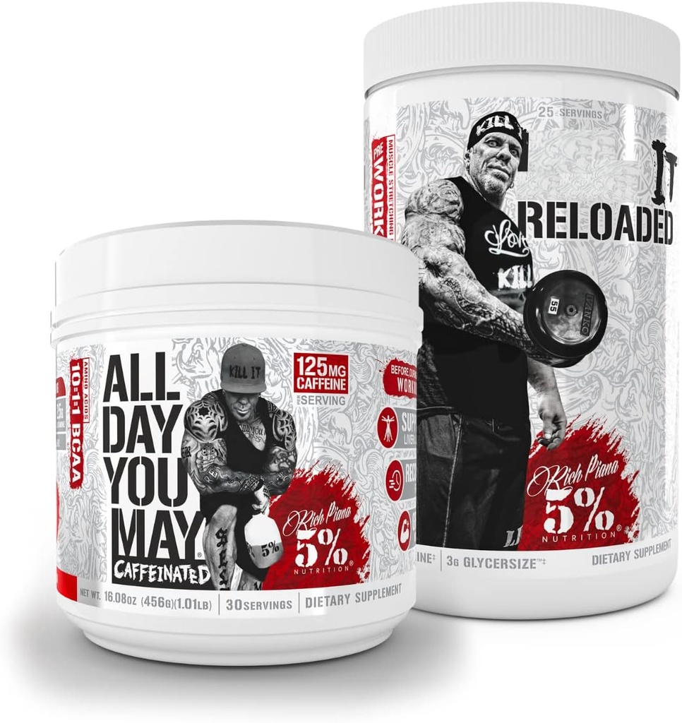 5% Nutrición Rich Piana Bundle confidencialidad AllDayYouMay Caffeinated BCAA Powder + Kill It Reloaded High-Stim Pre-Workout (Fruit Punch)