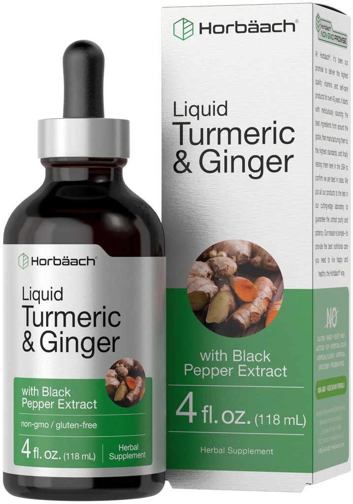 Horbaach Turmeric y suplemento de jengibre gotas Silencio 4 fl oz  durable with Black Pepper Extract  Herbal Liquid Tincture ANTE Vegan, Non-GMO &amp; Gluten Free