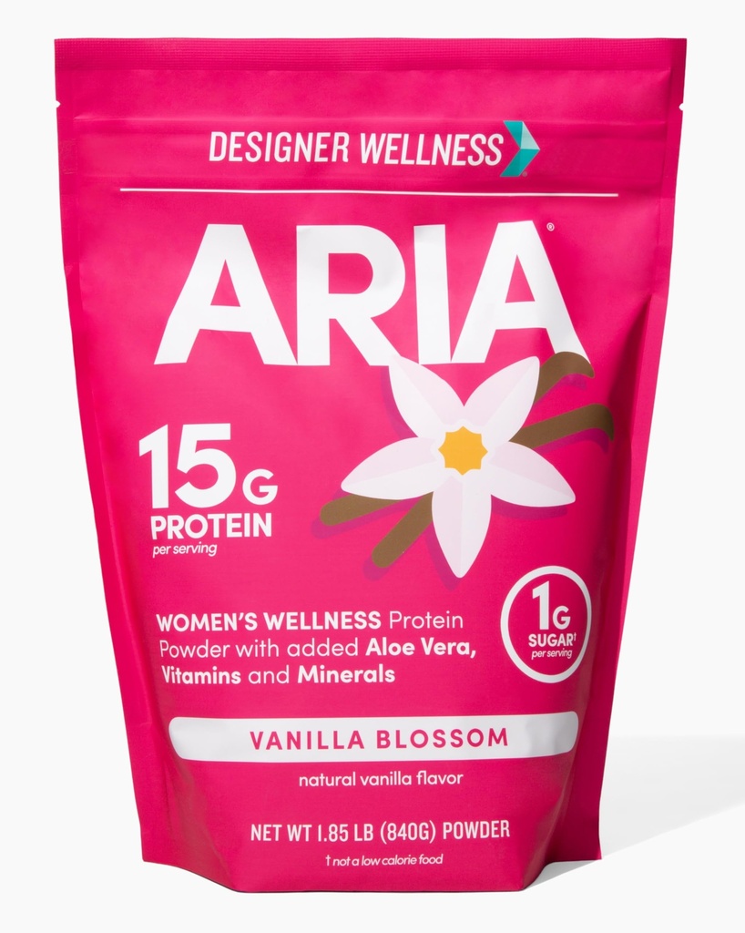 Designer Wellness, Aria, Women's Wellness Low Calorie Vanilla Protein Powder with Biotin, Vitamina C and Organic Aloe, Vanilla Blossom, 1.85 Libra