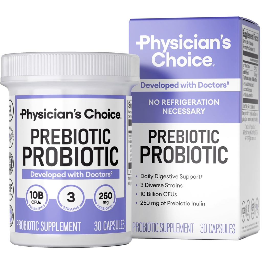 Prebiótico-probiótico de la CHOICE de Physician - Probióticos multi-estrés y prebióticos sinérgicos -Designado para la salud digestiva, apoyo al microbioma de Gut - potente preprofesional para la salud de Gut - para hombres y mujeres