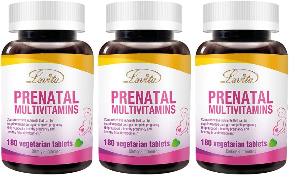 Lovita Vitaminas prenatales con Hierro 27 mg, Ácido Fólico 800mcg " Calcio, Vitaminas Prenatales Veganas para Mujeres Durante y Post Preganancia, No GMO, 180 Píldoras Prenatales Vegetarianas (Pack of 3)