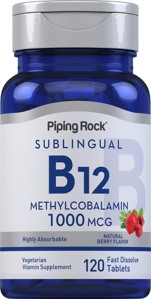 Piping Rock Vitamina B12 1000 mcg Sublingual tención 120 Tablets ← Methylcobalamin  Berry Flavor ANTE Vegetarian, Non-GMO, Gluten Free Supplement