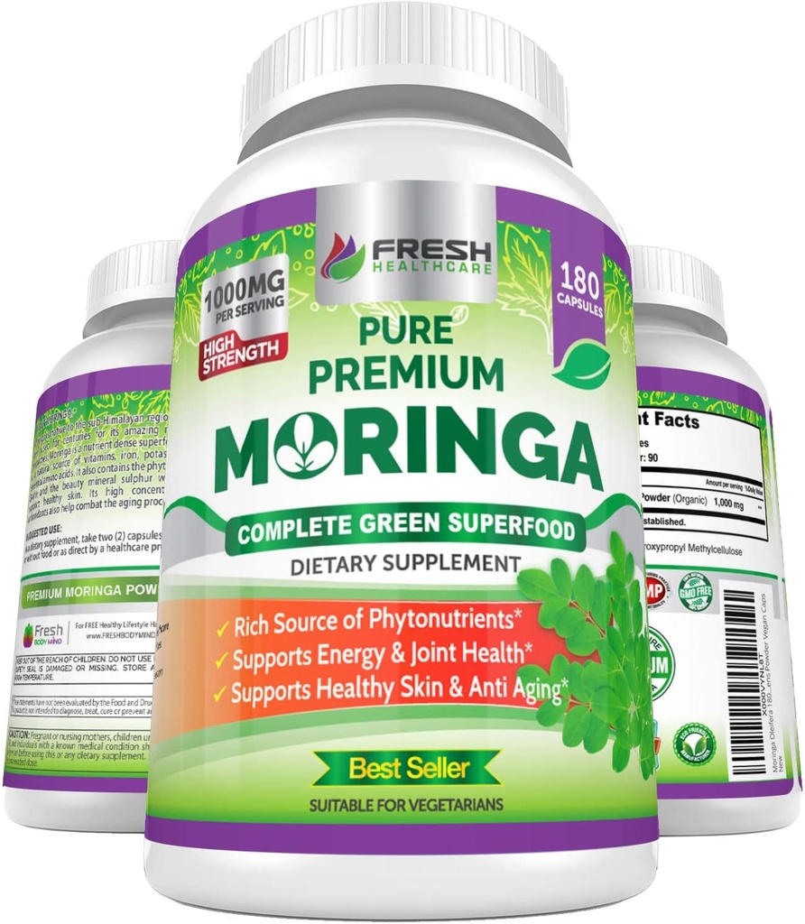 FRESH HEALTHCARE Moringa Oleifera 180 Capsules – 100% Pure Leaf Powder - 3 Month Supply - Non GMO and Gluten Free - Suplemento Superfood Verde Completo - Energía, Metabolismo y Apoyo Inmunitario