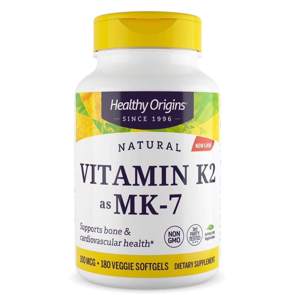 Orígenes saludables Vitamina K2 100 mcg (MK-7, no GMO, Gluten Free, Cardiovascaular Support, Bone Support), 180 Gels Veggie