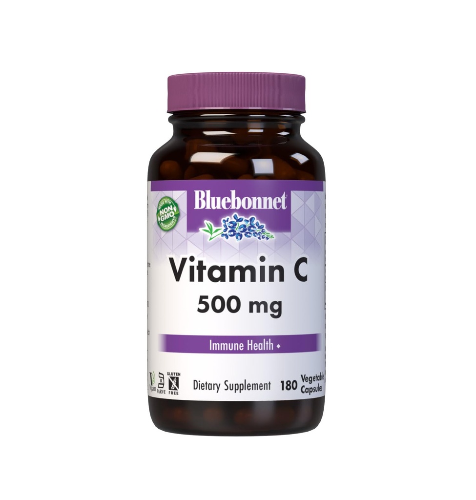 Bluebonnet Nutrition Vitamina C 500 mg Cápsulas vegetales, ácido ascórbico, para la salud inmune y la salud de la piel, vegano, vegetariano, no GMO, libre de gluten, libre de soja, libre de leche, Kosher, 180 cápsulas vegetales