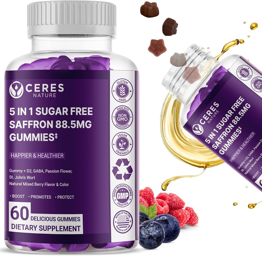 Extracto de Saffron Premium 88.5mg** Gummy - Control de Appetite, Soporte Ocular, Energía de Boost & Heart Health NON-GMO – Gluten Free – Vegan Friendly- Sugar-Free Antioxidant Boost - Premium Quality - 60 Gummies