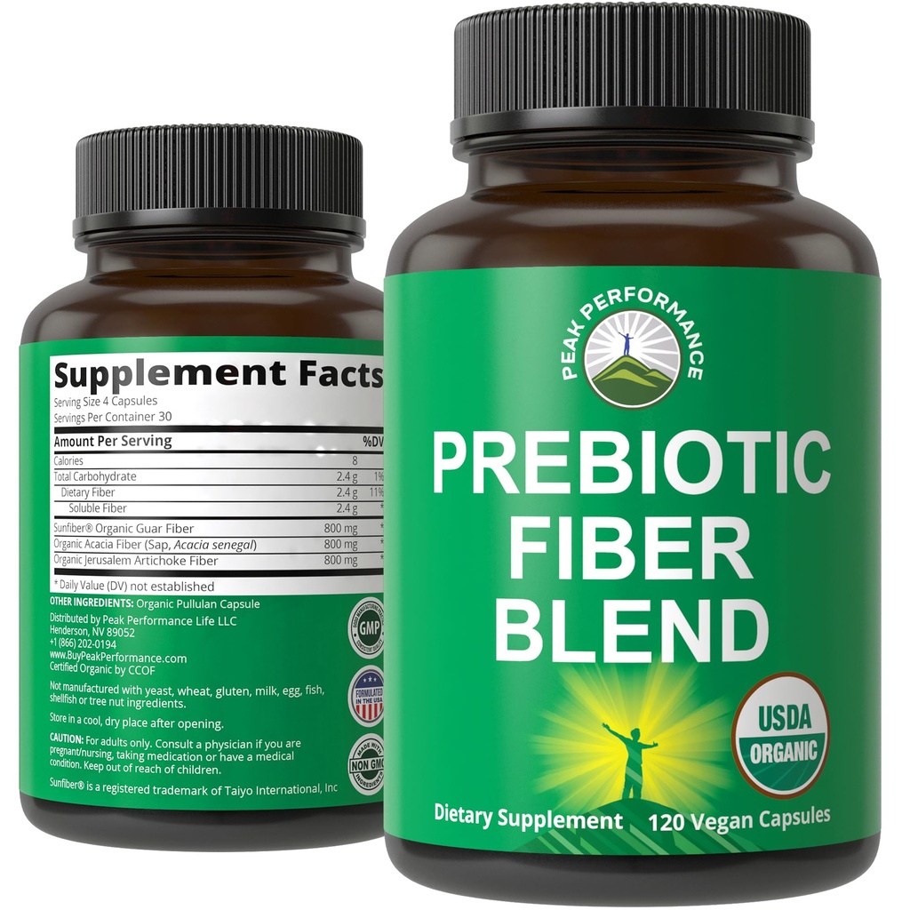 USDA Organic 3-in-1 Prebiotic Fiber - Vegan Capsules for Gut, Digestive Health. Planta entera de alimentos crudos Prebióticos Pills Suplemento con Inulina (Jerusalem Artichoke), Acacia Fibers, SunFiber