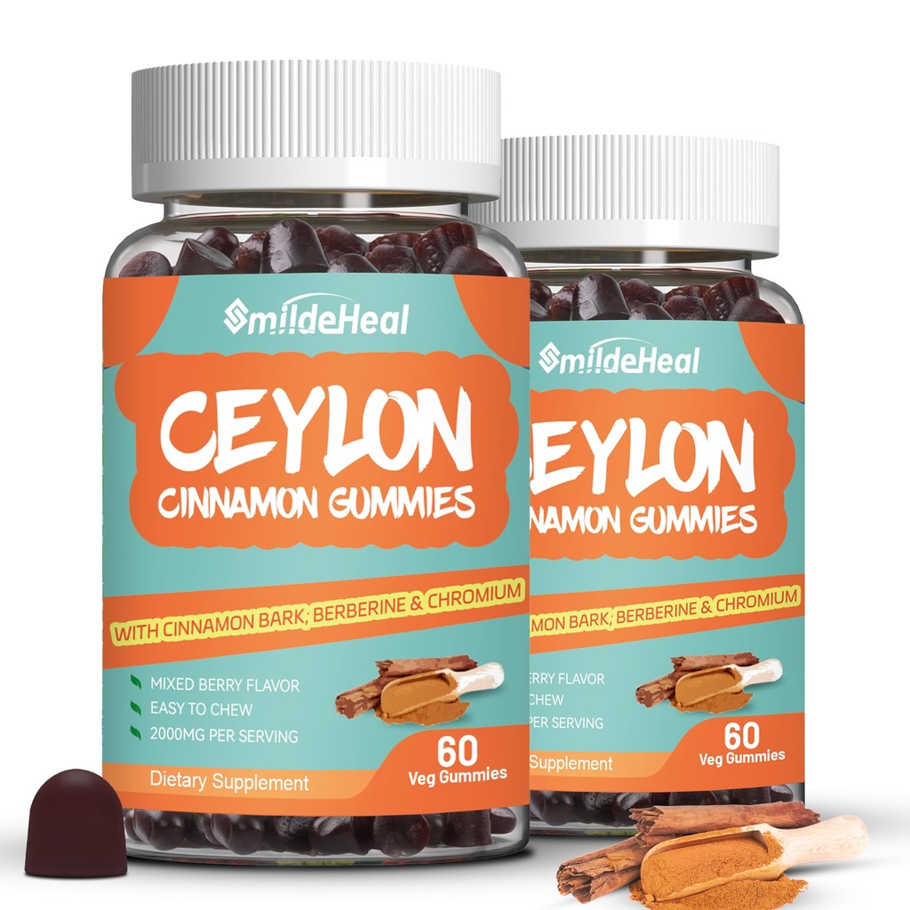 2 Pack Sugar Free Ceylon Cinnamon Gummies 2000MG, Cinnamon Supplement with Chromium and Cinnamon Bark, Vegan, Non-GMO, Gluten Free,120 Gummies