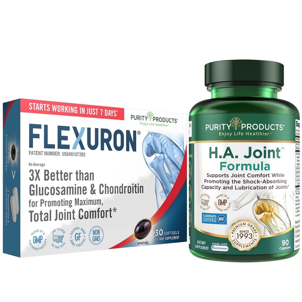 Purity Products Flexuron Joint Formula + H.A. Joint Flexuron (Krill Oil, Low Molecular Weight Hyaluronic Acid, Astaxanthin) - HA Joint (BioCell Collagen, Boswellia Serrata, Quercetin, H.A. + Más)