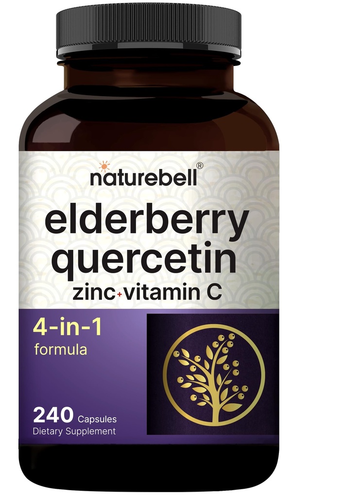 NatureBell Sambucus Elderberry Capsules, 5000mg Por Serving with Quercetin 500mg, Vitamina C y Zinc, 240 Contar ANTERI European Black Elderberry Fruit Extract – 4 en 1 Immune Support Suplementos