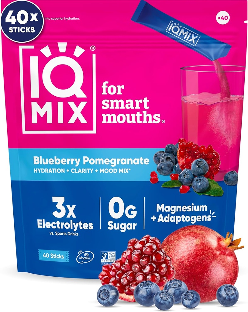 IQMIX Hidration Electrolyte Powder – 4-en-1 Formula for Hydration, Mental Clarity, Mood and Recovery – Sugar-Free Drink Mix, Keto, Magnesium L-Threonate, Lion’s Mane – 40 Conde Blueberry Pomegranate