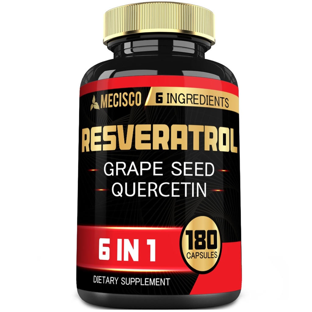 6in1 Suplemento Trans Resveratrol con semillas de uva, cardo de leche y más - Resveratrol 1000mg - Apoyos para el sistema inmunológico, salud cardíaca, manejo corporal - 180 cápsulas