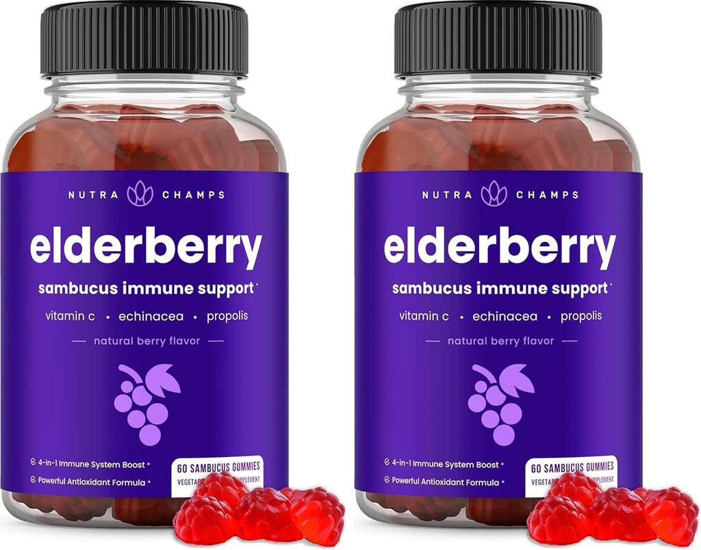 NutraChamps Gummies de arándano con vitamina C, Propolis &amp; Echinacea - Sistema inmunológico Soporte vitaminas para adultos y niños - Max Strength 200mg Sambucus Antioxidante (Pack de 2)