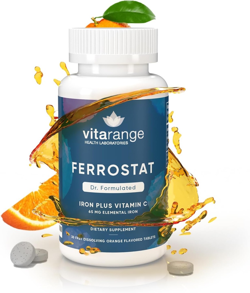 Hierro picante de 65 mg con vitamina C para pacientes carátricos – 30 días de hierro carátrico con vitamina C – Hierro suave no constipante - Orange