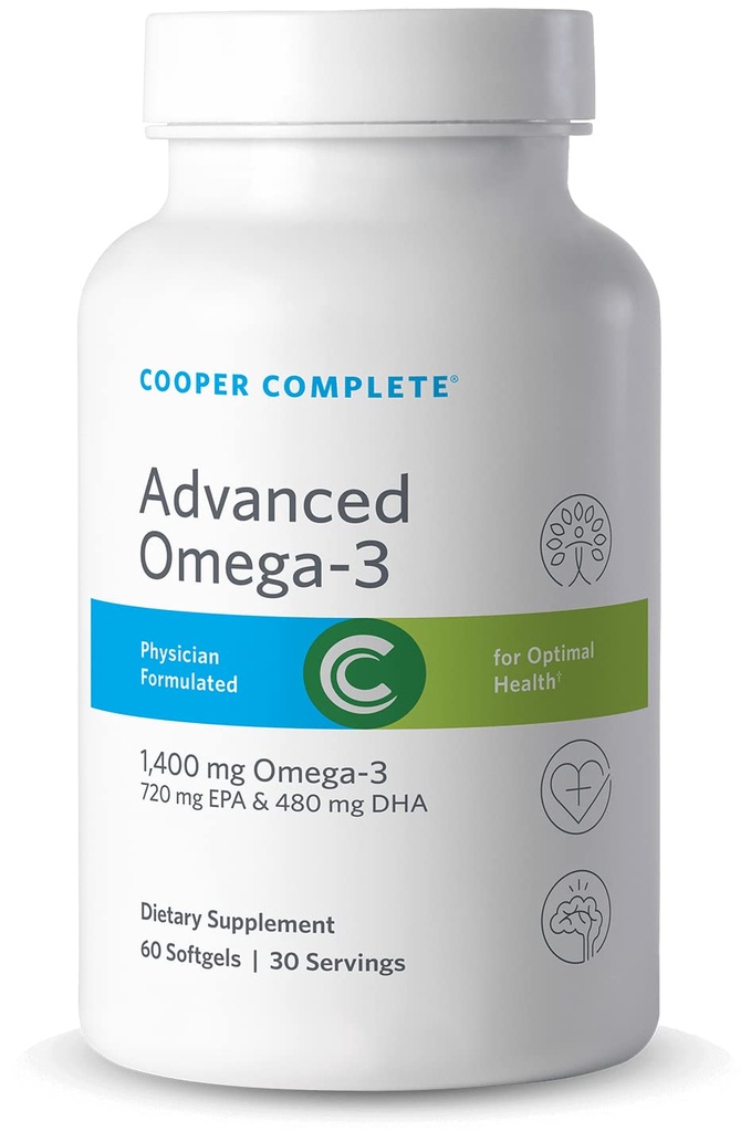 Cooper Complete - Advanced Omega 3 - Fish Oil Supplement, Concentrated EPA + DHA Omega-3 Fatty Acids 1400 mg - 60 Softgels por botella. Paquete de 4