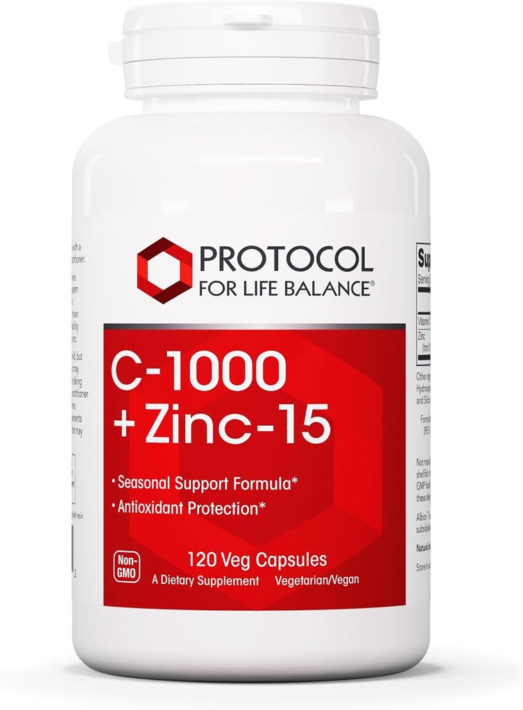 PROTOCOLO PARA LA VIDA BALANCE C-1000 + Zinc-15 - Vitamina C & Zinc Bisglycinate - Suplemento de Apoyo Inmuno - Antioxidantes Suplemento - con ácido ascórbico - 120 capsulas Veg