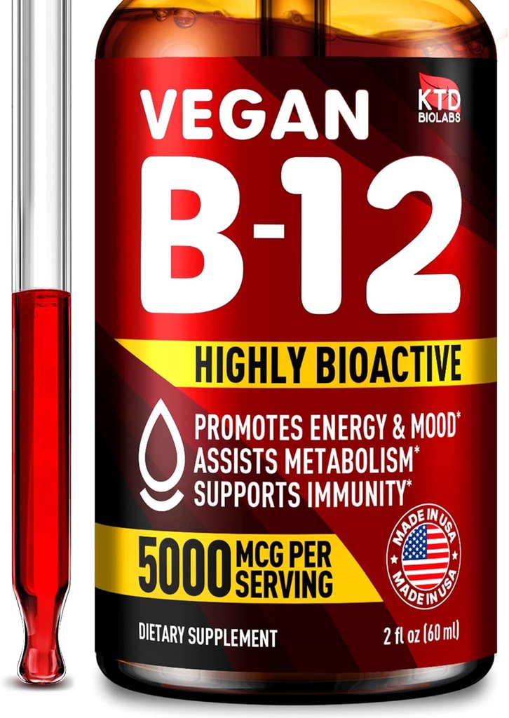 B12 Sublingual 5000 mcg Drops - Made in USA - Vegan B12 Vitaminas para la Energía, Mood & Memory - Highly Bioavailable Sublingual Drops - Metilcobalamin for Women &amp; Men - 2 fl. oz.