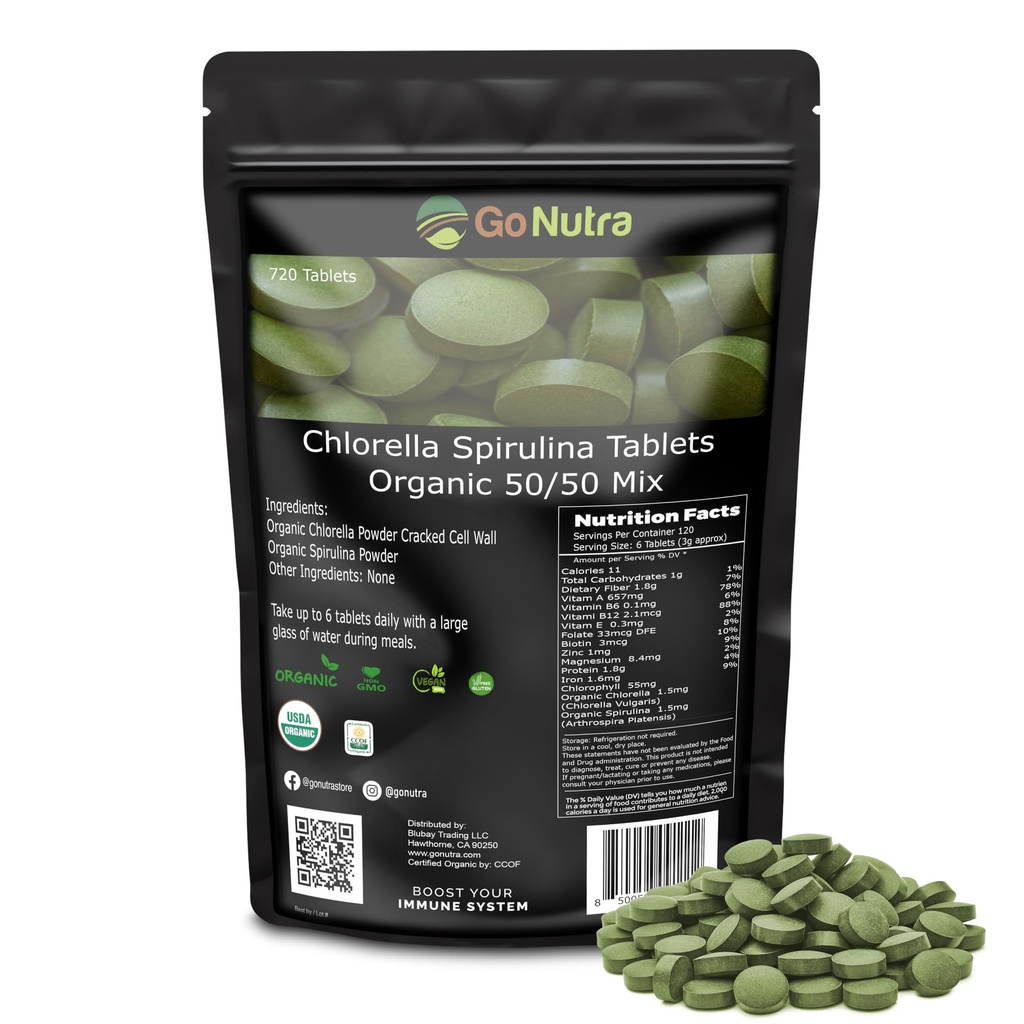Go Nutra Organic Spirulina Chlorella Tablets 50/50 Blend  durable Nutrient Dense Superfood - Vegan Protein, Clorophyll, Enzymes  durable 500mg Cada Clorella Spirulina Tablets, 720 Conde, 4 Month Supply