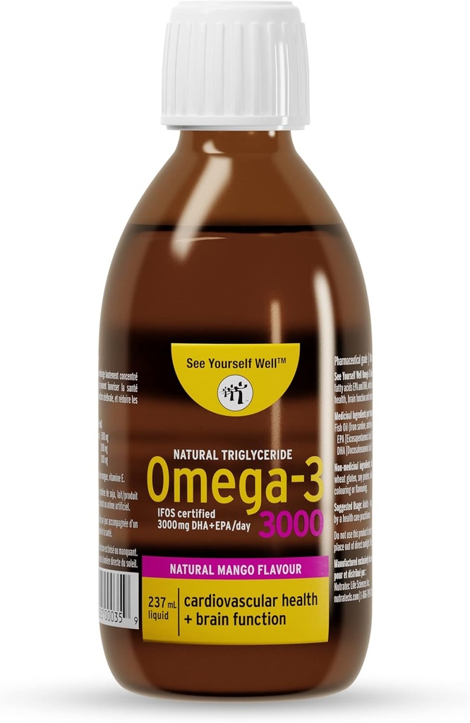 Omega líquido 3 aceite de pescado - alta potencia. Promueve la salud del cerebro, el ojo, el corazón. Triglicérida natural. 237ml / 8oz - 48 Serviciones. Mango